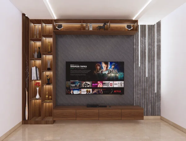 TV Unit interior design by Lamek Interiors, Chennai
